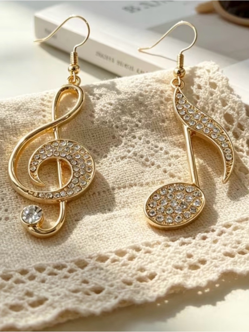 Gold Music Note Rhinestone Drop Earrings - Women Jewelry